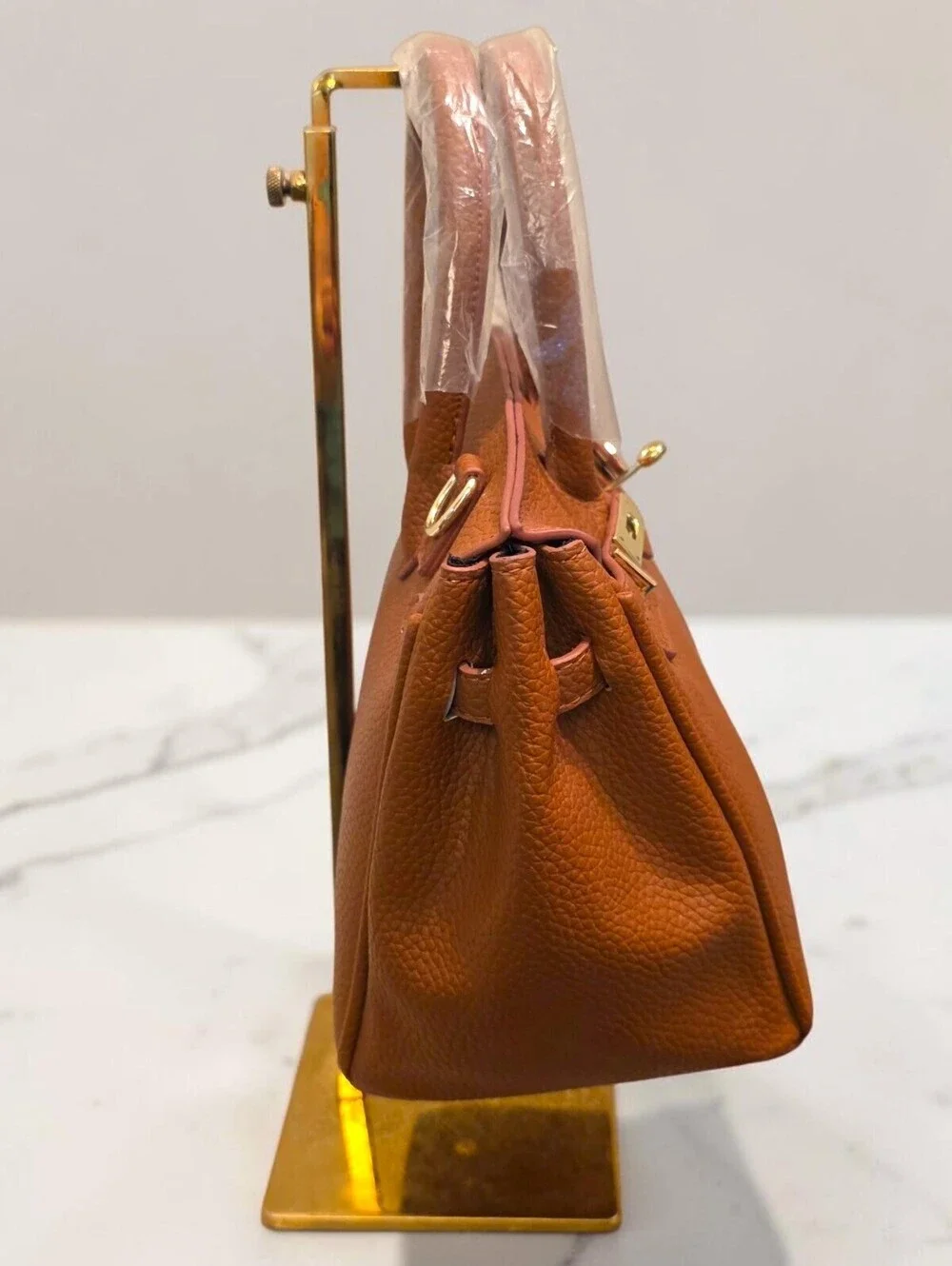 Pebbled Faux Leather Designer Style Cognac Satchel Crossbody Gold Accents